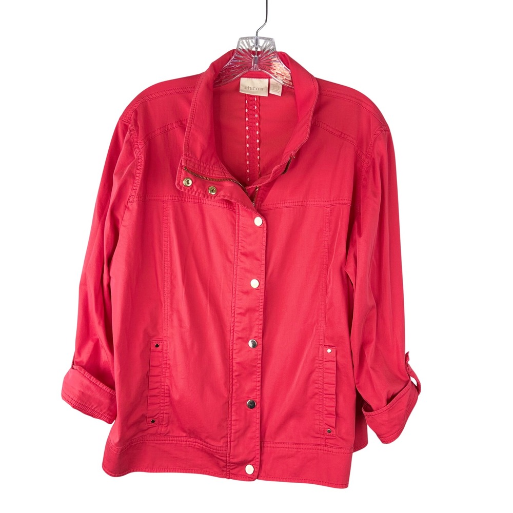 Chico's Lightweight Utility Jacket Size XL Cotton Blend Zip Snap Front Stretch‎